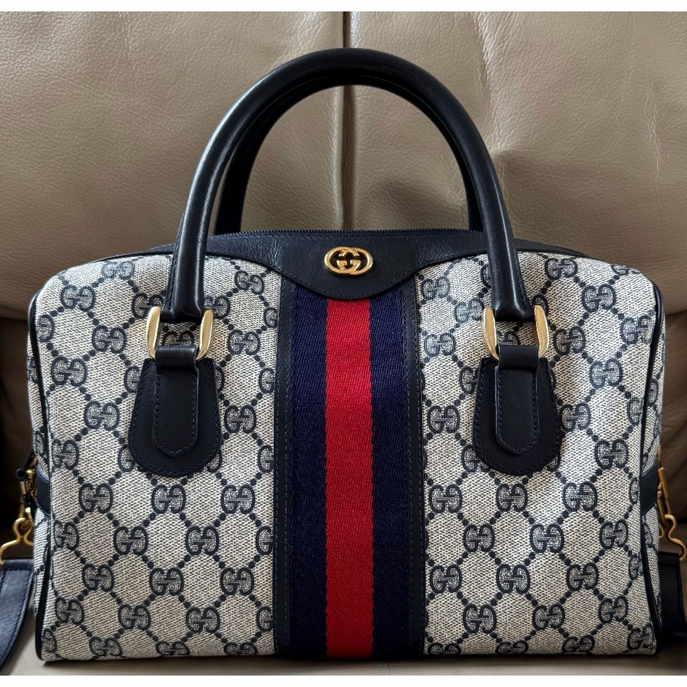 Certified Authentic Vintage Gucci Boston Web Canvas Leather Crossbody Bag, COA